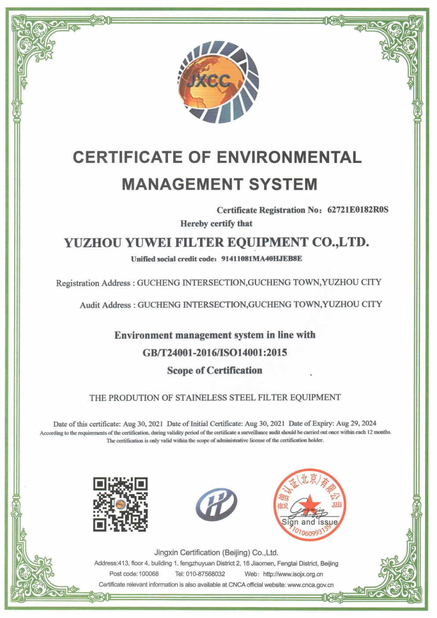 China YuZhou YuWei Filter Equipment Co., Ltd. Certificaciones